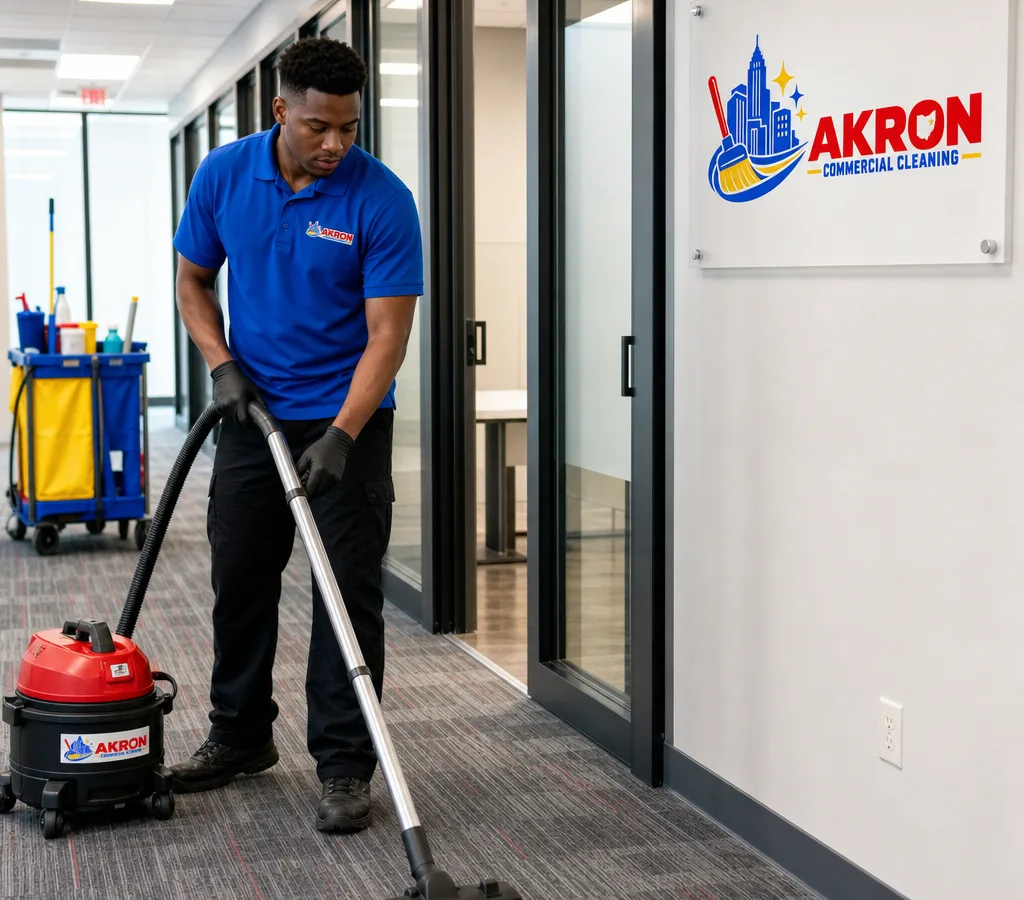 Professional cleaner vacuuming a modern Akron office corridor with glass doors and hard-surface floors