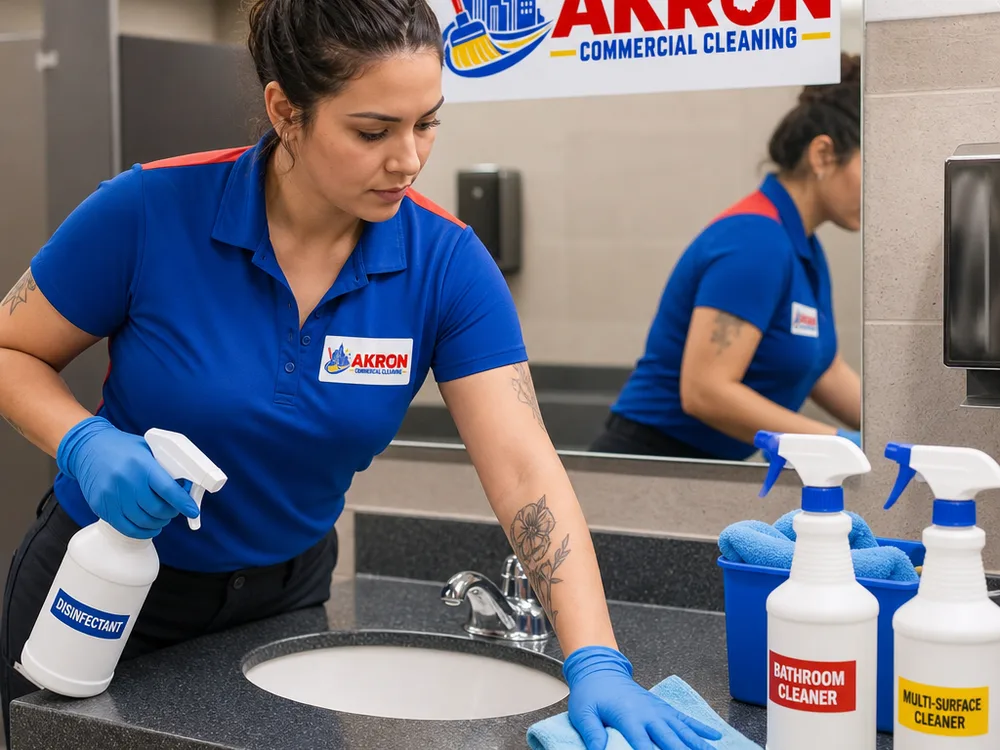 Cleaner disinfecting a commercial restroom sink using microfiber tools and labeled spray bottles