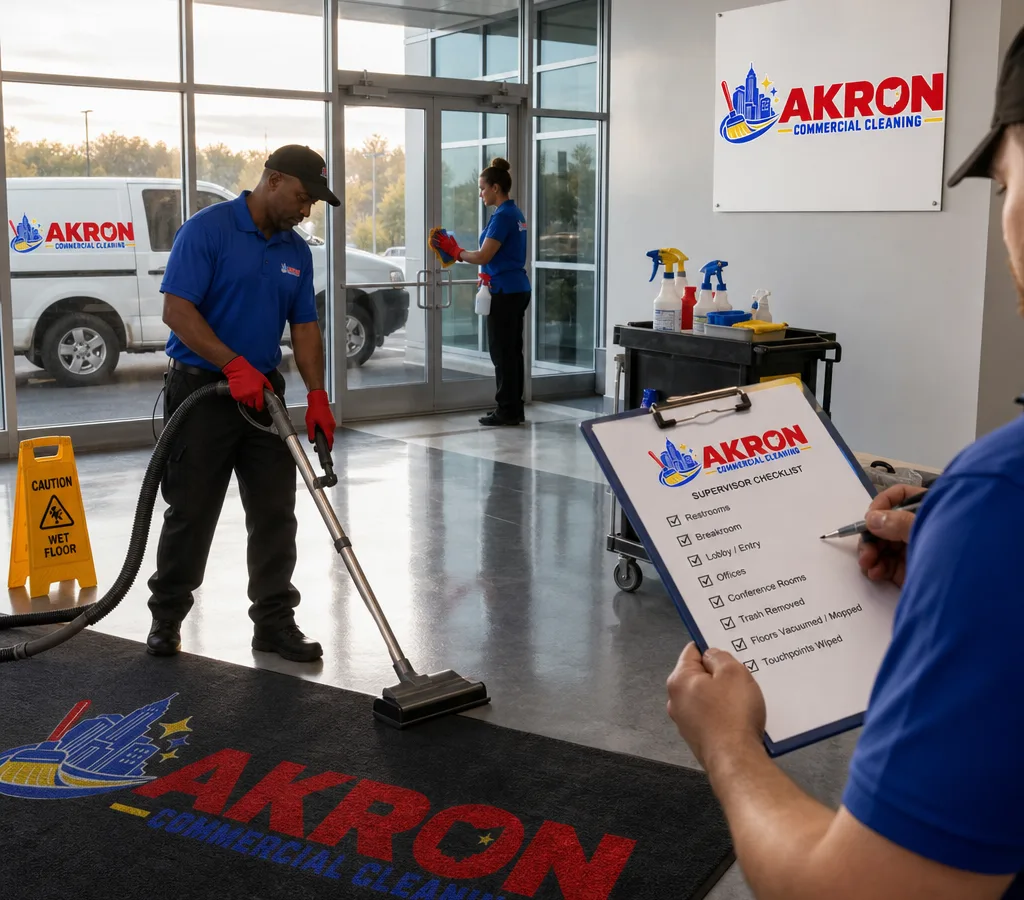 Early-morning commercial cleaning crew vacuuming office entry mats and wiping touchpoints while a supervisor reviews a checklist